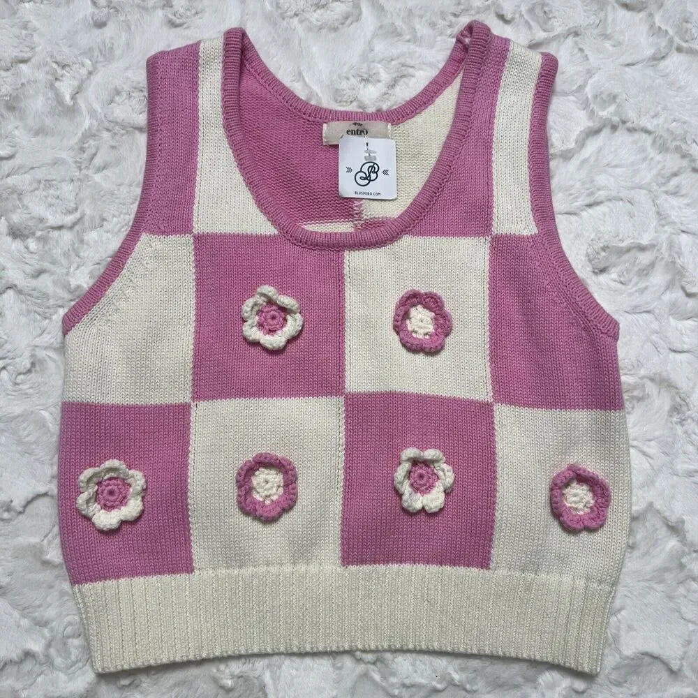 Entro Women's Pink White Crochet Detail Flowers Stretch Knit Top Size M - Picture 1 of 7
